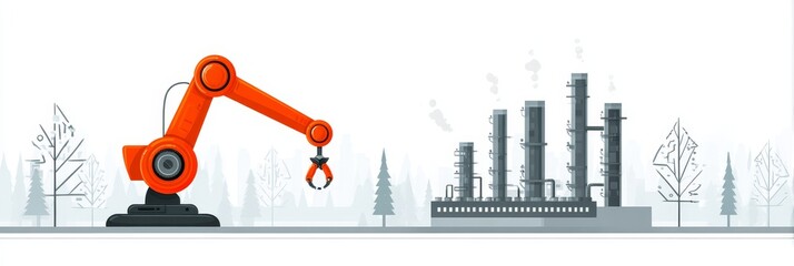 Poster - robotic automation in industrial settings - orange robotic arm near industrial plant, showcasing aut