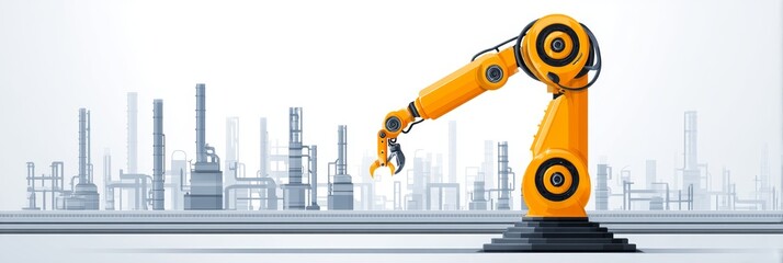 Poster - Robotic Arm in Industrial Setting - A yellow robotic arm extends over a cityscape of industrial plants, showcasing automation in manufacturing