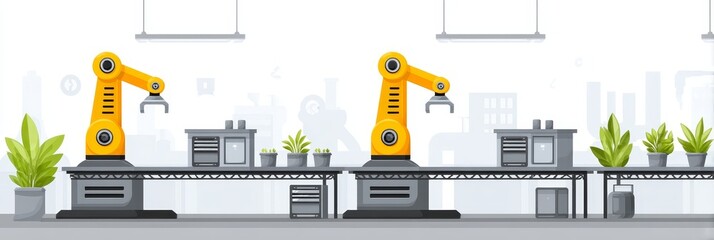 Poster - Smart Automation: Industrial Robot in Modern Factory - Automated industrial robots working efficiently in a clean, modern factory setting, symbolizing technological advancement, precision, innovation