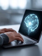 Poster - Smart Technology Search: Man Using Laptop - A man searches for smart technology on his laptop. The screen displays a glowing brain circuit, symbolizing intelligence, innovation, progress