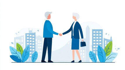 Poster - Successful Business Partnership Handshake - Two senior business people shaking hands, symbolizing agreement, collaboration, trust, success, and partnership. Urban backdrop