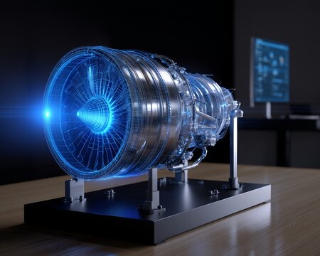 A wireframe rendering of a turbojet engine and its mirrored physical form set against a black backdrop, illustrating the digital twin concept in 3D