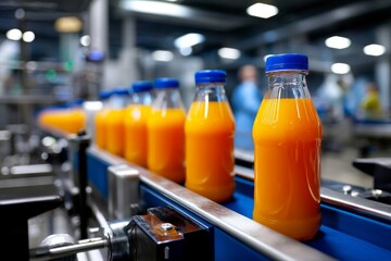 Poster - A blue-hued interior of a beverage plant or factory features a conveyor belt transporting bottles of juice along the industrial production line