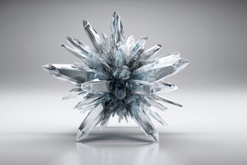 Poster - Close-up shot of an intricate cluster of clear quartz crystals, showcasing their geometric shapes and light reflection against a gradient gray background, highlighting the structure.
