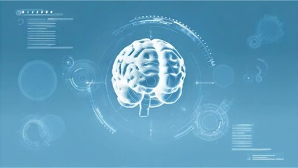 Poster - Digital Brain: A glowing brain hologram is at the center of this image with digital circles and lines. It represents an in-depth illustration of human's brain with the connection and function.