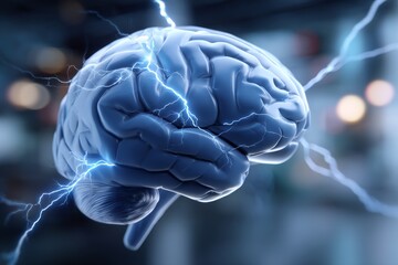 Poster - The human brain is depicted in a digital illustration with electrical activity, flashes, and lightning on a blue background