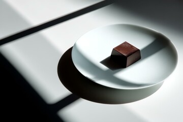 Poster - Minimalist dessert still life: A solitary chocolate cube on a white plate with sharp shadows, evoking modern elegance.