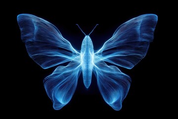 Aufkleber - Abstract glowing blue butterfly illustration on black background, creating a mesmerizing and ethereal effect with intricate lines and curves, resembling a technological marvel.