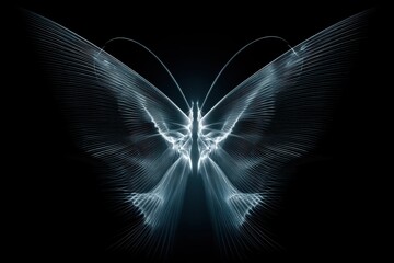 Poster - A digitally rendered butterfly with luminescent wings on a dark background, showcasing intricate details, creating a mesmerizing and ethereal visual experience.