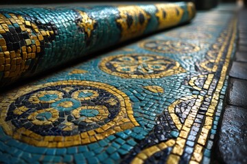 Poster - detailed close-up of an ancient byzantine mosaic floor, showcasing intricate patterns and vibrant co