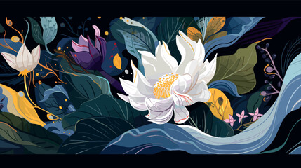 Wall Mural - abstract botanical artwork with white lotus and colorful leaves flat vector illustration