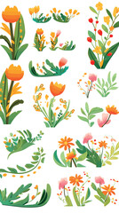 Wall Mural - colorful cartoon flowers and leaves collection on white background flat vector illustration