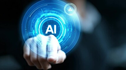 Poster - A blue digital AI assistant symbol using HUD design language, hovering in virtual interface space
