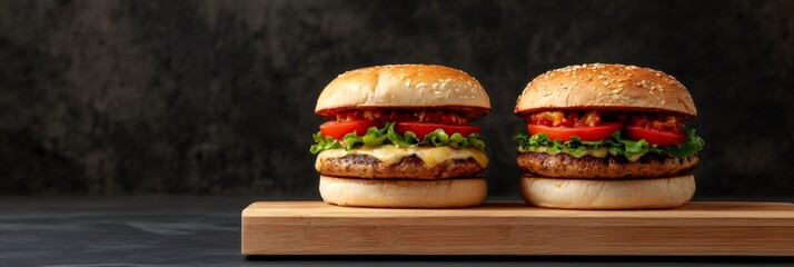 Poster - Two delicious burgers with sesame buns, juicy patties, fresh lettuce, sliced tomatoes, melted cheese, and flavorful sauce resting on a wooden cutting board at a lively street food market