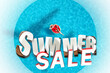 © New Africa - Seasonal discount flyer with words Summer Sale and woman with inflatable ring in swimming pool