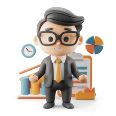 Poster - Smiling businessman character surrounded by business charts.