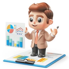 Poster - Cartoon businessperson presents data visualizations.