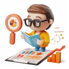 Poster - Cartoon character analyzing data with charts and graphs.