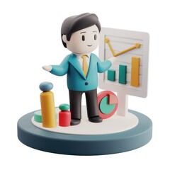 Poster - Cartoon businessman presenting data on a circular platform.