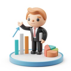 Poster - Cartoon businessman presents increasing data with graphs and charts.