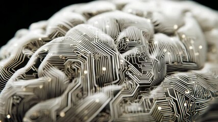 Poster - Brain Circuitry:  A detailed close-up of a human brain intricately interwoven with illuminated circuit boards, symbolizing the complex interplay of neural networks and technology.