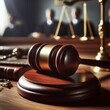 © Eggy - Judge Courtroom Gavel on Table during a Process - Judge holding the Gavel making Judgement - On a Table with the scales of Justice - Process and Final Verdict - Guilty or Not Guilty