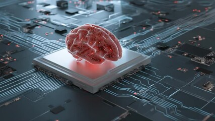Poster - Digital Brain Integration: A captivating view showcases a digital representation of a brain atop a technological circuit board, symbolizing the confluence of mind and technology.