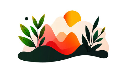 Poster - Stylized landscape featuring colorful mountains and botanical leaves is centered against a plain black backdrop, creating a minimalist design.