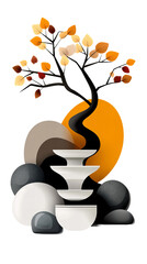 Aufkleber - stylized tree with autumn leaves sits above tiered white bowls against abstract geometric shapes on 