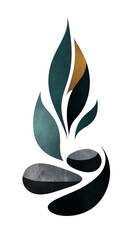 Poster - abstract foliage artwork displays teal and gold leaves sprouting upward from grayscale forms on a da