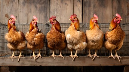 Poster - Six brown hens perching on a wooden plank in a cozy chicken coop, creating a delightful farmyard scene filled with rustic charm and the essence of rural life