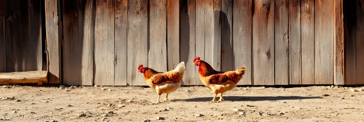 Poster - Two brown hens are strolling near a weathered wooden barn on a sunny day, showcasing a typical scene of farm life and organic poultry farming