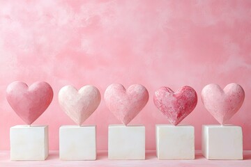 Poster - Five pink hearts displayed on white blocks against a pink textured background in a studio setting