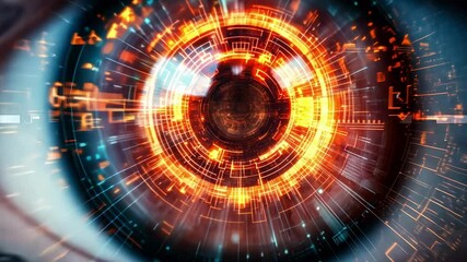 Poster - Close up view of an eye showcasing a futuristic digital interface, seamlessly integrating technology with human vision, suggesting advancements in biometrics, ophthalmology, and augmented reality