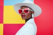 © AnnaStills - Fashion-forward Afro-American woman wearing a white hat and oversized red sunglasses posing confidently against a colorful background