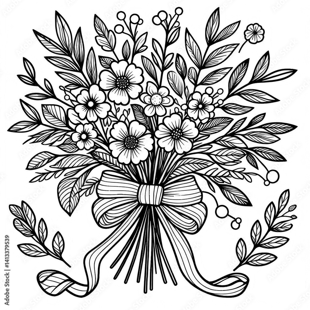simple-flower-bouquet-coloring-page-with-ribbon-monochrome-line-art
