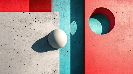 Poster - Abstract Geometric Composition with White Sphere and Red Blue Shapes