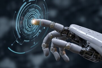 Poster - Robotic arm interacting with a digital interface showing advanced technology and future innovation systems