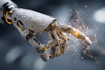 Poster - A robotic arm with intricate details and glowing particles on a blurred background in close up view