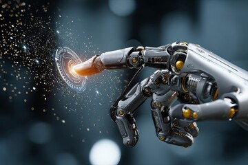 Poster - Robotic hand touching a glowing interface with digital particles in a dark environment scene