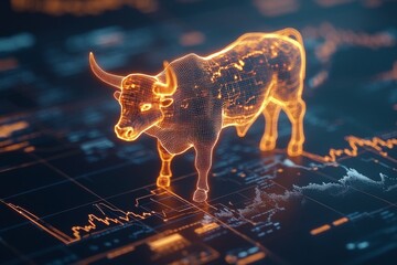 Poster - A burning bull is depicted in a 3D hologram with stock charts, neon lights, and cinematic lighting, all rendered in a hyperrealistic style