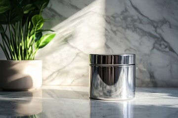 Poster - Still life featuring a shiny metal container and a potted plant against a marble background indoors