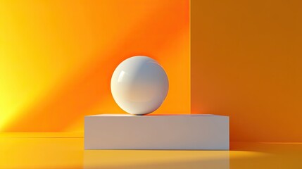 Poster - White Sphere on White Cube Against Orange Background