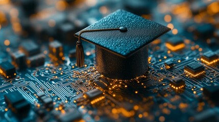 Poster - a glowing circuit board supports a graduation cap, embodying the intersection of tech and learning