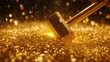 © Julia - Against a dark, radiant background, a golden hammer comes into contact with a sparkling accumulation of gold particles and nuggets