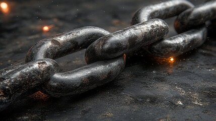 Poster - The image features a glowing broken chain icon, binary code, and sparks, all on a reflective surface, with a dramatic dark background