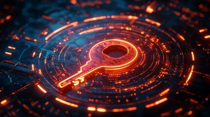 Poster - a digital lock pattern with a glowing key icon and light trails is set against a reflective surface 