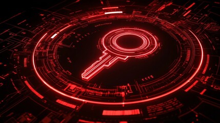 Poster - on a reflective surface, a futuristic design showcases a glowing key icon within a digital lock patt