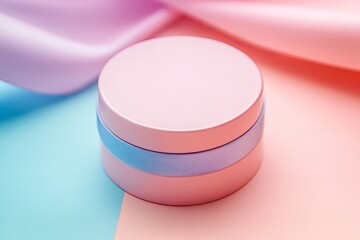 Poster - Close up of a pink container with a blue ribbon on a pastel background with a pink ribbon behind it