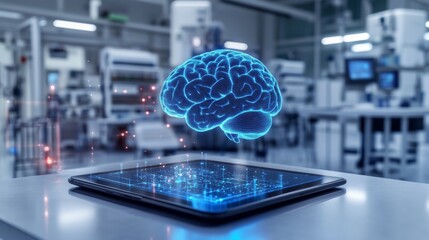 Poster - A cutting-edge lab is equipped with a hologram of the brain that showcases its neural functions